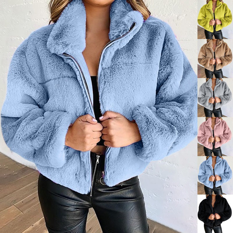 Cross-Border Amazon Hot-Selling European And American Clothing Autumn And Winter Rabbit Fur Imitation Fur Zipper Cardigan Plush Warm Jacket