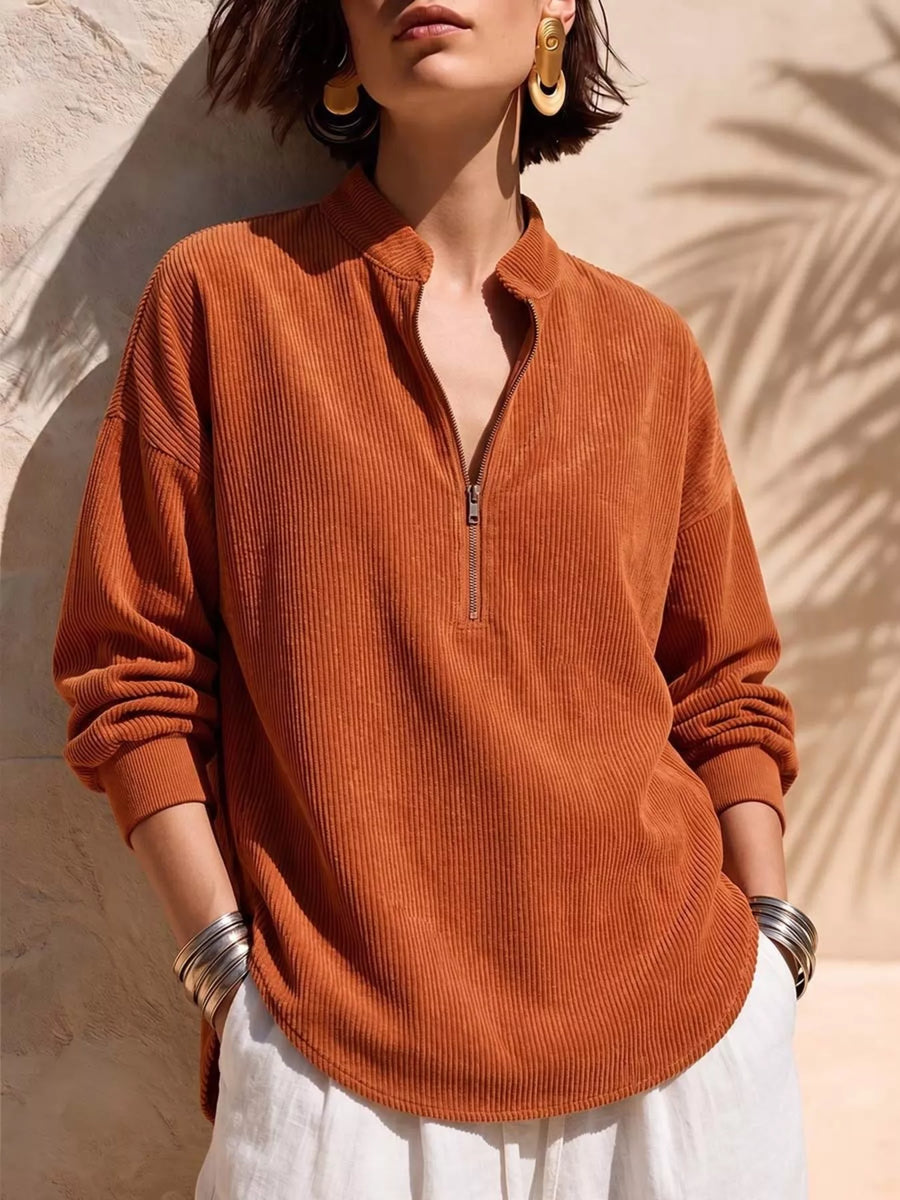 Full Size Half Zip Dropped Shoulder Corduroy Top Plus Size