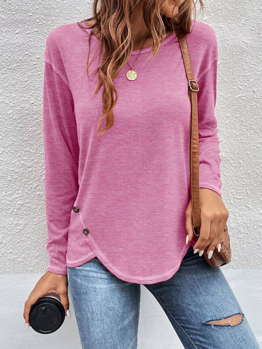 Casual Long Sleeve Exposed Seam T-Shirt with Decor Button
